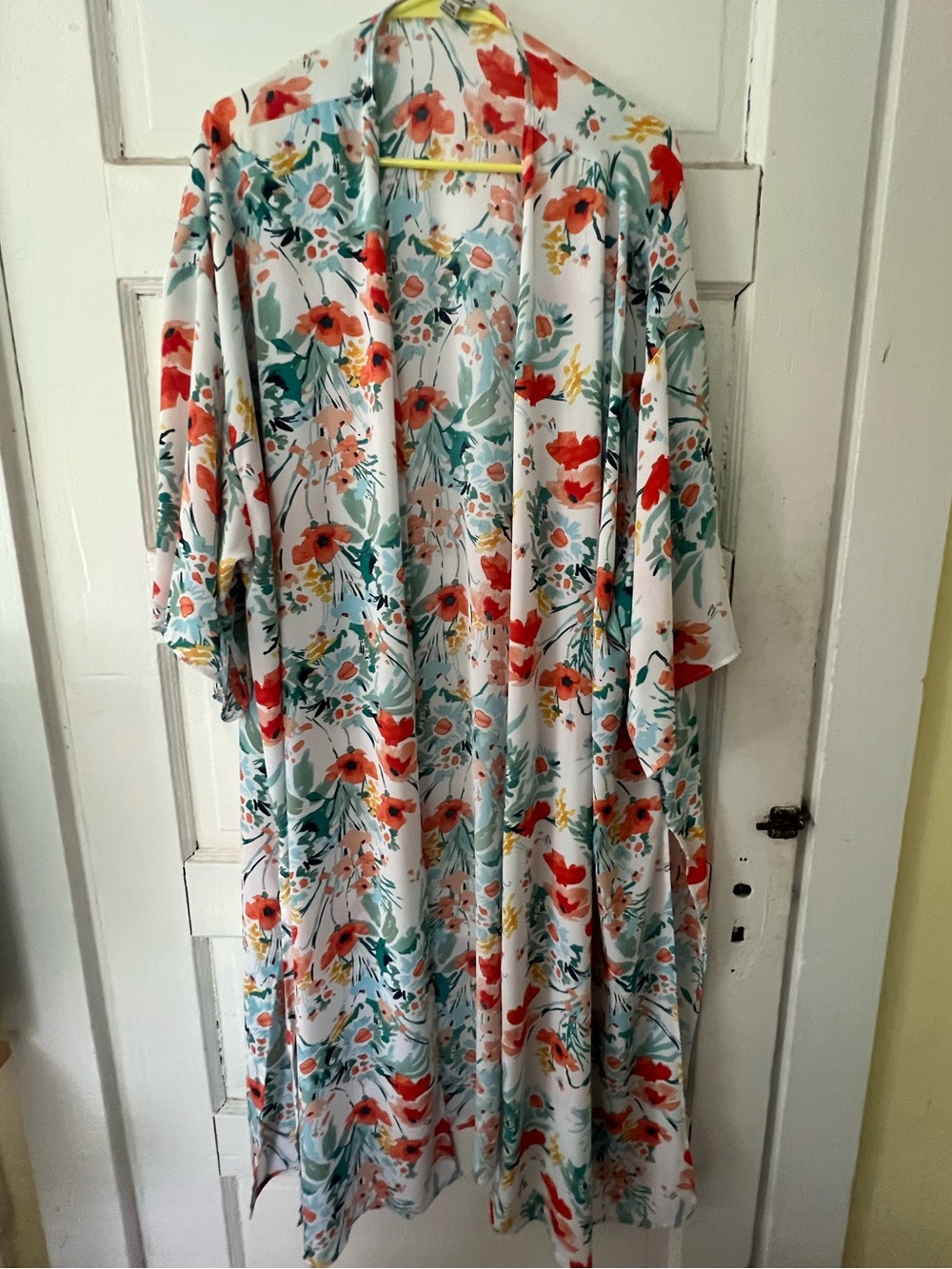 The Pioneer Woman Floral Maxi Duster- White with Coral & Teal Floral Print